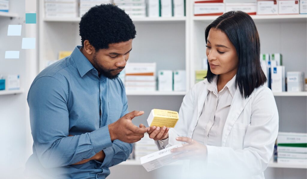 A pharmacist discussing with a patient in a pharmacy, emphasizing the importance of accurate and clear product information (PI) in the pre-authorization stage of medicinal products. The discussion covers key aspects like dosage, contraindications, and potential side effects, reflecting SciencePharma's commitment to ensuring compliance with European guidelines through well-prepared Summary of Product Characteristics (SmPC), Package Leaflets (PL), and labelling for patient safety and effective communication.