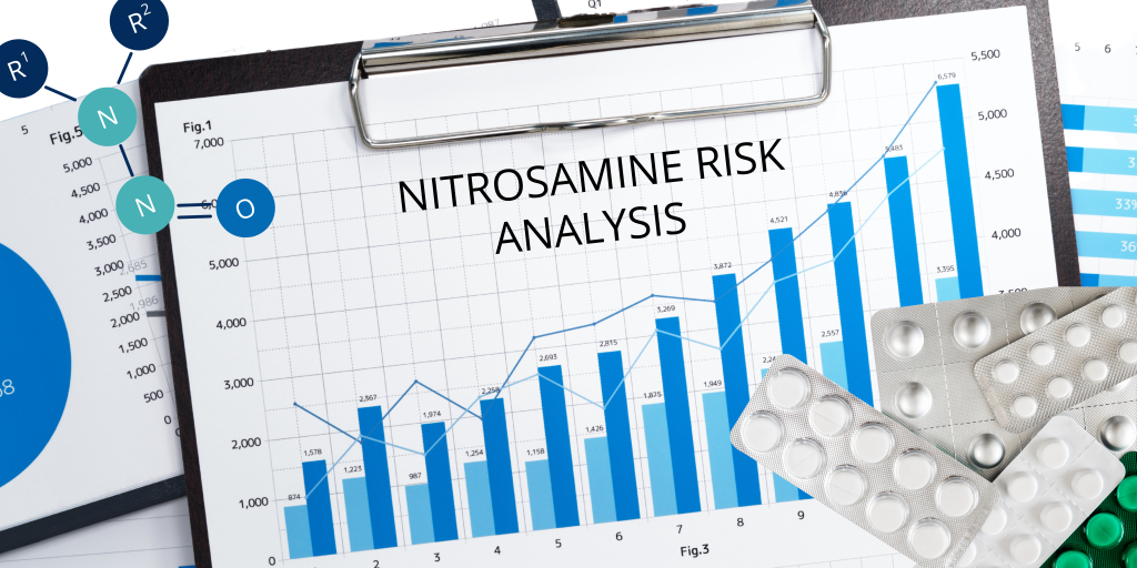 Analiza ryzyka - nitrozaminy, niebieski wykres słupkowy. Szare blistry z tabletkami.