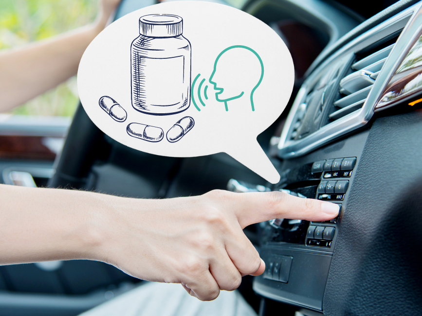 A woman is pressing the car radio button with her finger. In the center of the text bubble is a graphic showing a photo of a man talking and an image of medicines. The interior of the car in the background.