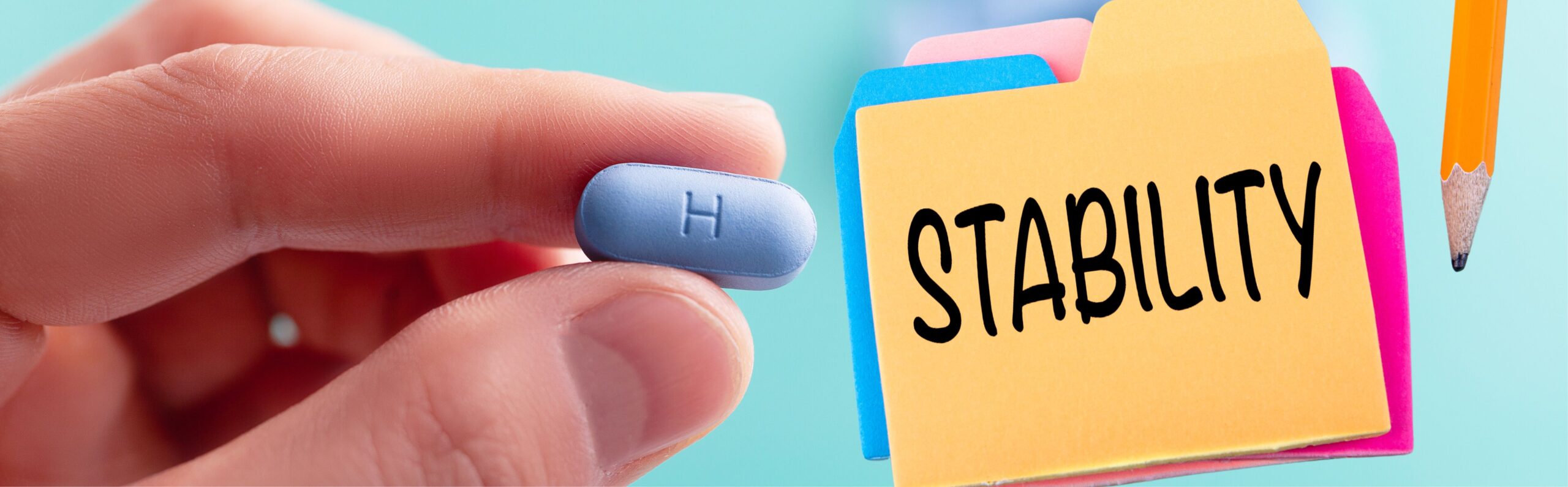 banner displaying a medicinal pill next to the word "Stability," symbolizing the importance of stability studies in pharmaceuticals. The image emphasizes the need for testing how factors such as temperature and humidity affect the stability of drug formulations to ensure their safety and effectiveness over time.