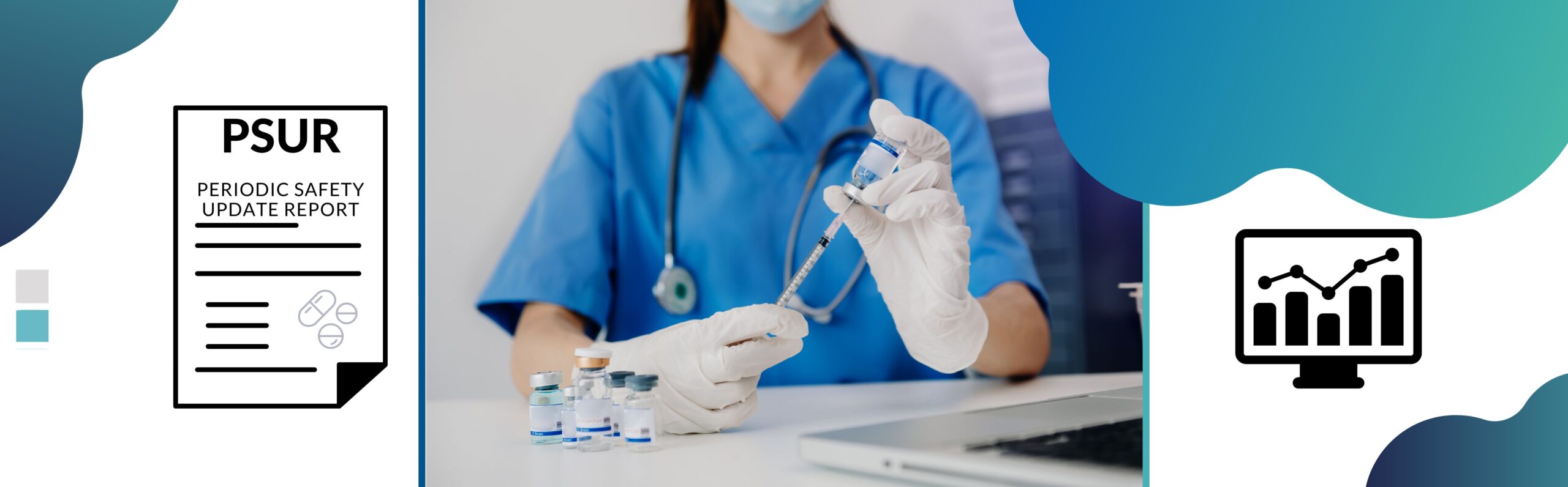 A woman working with medicinal products and preparing a Periodic Safety Update Report (PSUR), an essential document for analyzing and monitoring the safety of a medicinal product throughout its marketing authorization. The PSUR evaluates emerging safety information and ensures ongoing pharmacovigilance, contributing to the assessment of the product's risk-benefit balance.