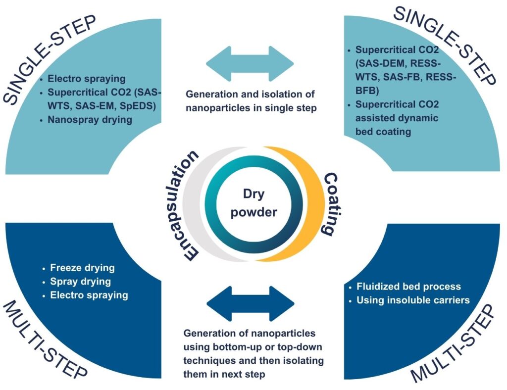 Diagram illustrating single-step and multi-step nanoparticle production and isolation methods, highlighting techniques such as encapsulation, nanosuspension formation, and supercritical fluid processes for enhancing drug delivery systems and improving bioavailability of poorly soluble APIs.