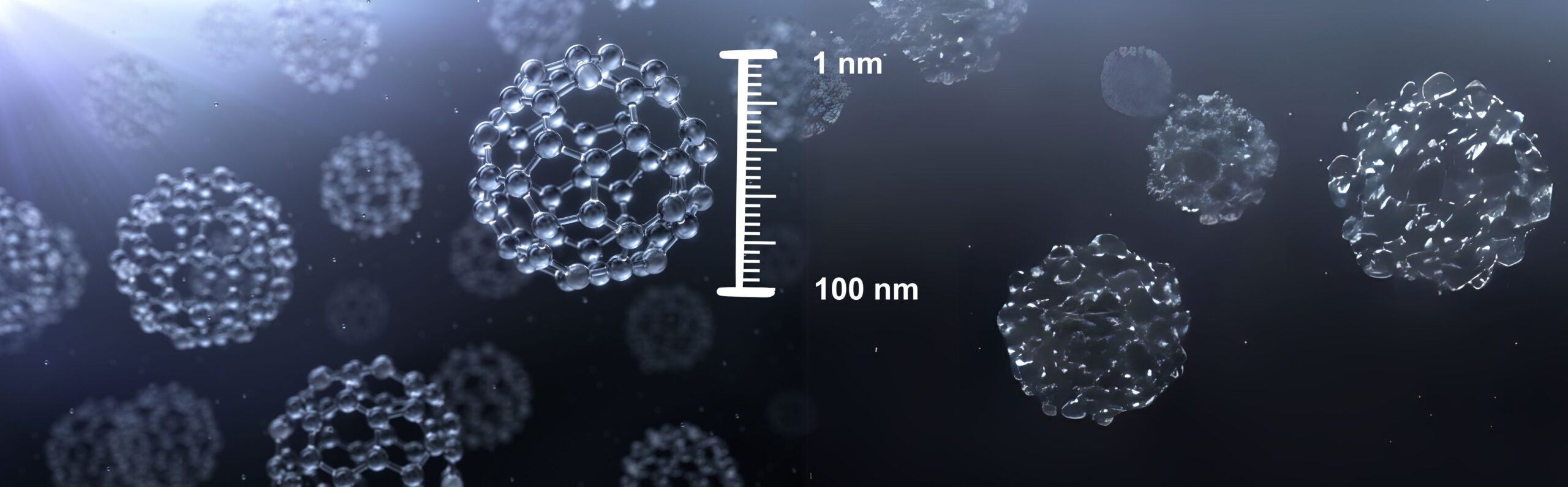 Illustration of a nanoparticle with a size scale showing it ranges from 1 to 100 nanometers. The image emphasizes the tiny scale of nanoparticles, highlighting their potential use in drug delivery, regenerative medicine, and medical therapies.