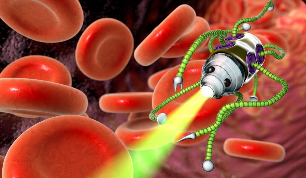 Nanorobot in a blood vessel for regenerative medicine, illustrating the use of nanoparticles for tissue repair, bone regeneration, and potential cancer treatment through nanorobots.